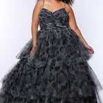Best selling plus size floral tiered ballgown dress style TE2525 by Tease Prom.  Double spaghetti straps on pleated V-neckline bodice with tiered ball gown skirt in floral print tulle. Available in black floral or blue floral in sizes 14-32.