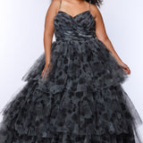 Best selling plus size floral tiered ballgown dress style TE2525 by Tease Prom.  Double spaghetti straps on pleated V-neckline bodice with tiered ball gown skirt in floral print tulle. Available in black floral or blue floral in sizes 14-32.