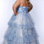 Best selling plus size floral tiered ballgown dress style TE2525 by Tease Prom.  Double spaghetti straps on pleated V-neckline bodice with tiered ball gown skirt in floral print tulle. Available in black floral or blue floral in sizes 14-32.