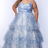 Best selling plus size floral tiered ballgown dress style TE2525 by Tease Prom.  Double spaghetti straps on pleated V-neckline bodice with tiered ball gown skirt in floral print tulle. Available in black floral or blue floral in sizes 14-32.