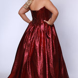 Tease Prom for Sydney's Closet style TE2539 available in ruby red or sapphire blue. Plus size ballgown with strapless sweetheart bodice, exposed boning, basque waist and full A-line skirt with pockets.