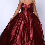 Tease Prom for Sydney's Closet style TE2539 available in ruby red or sapphire blue. Plus size ballgown with strapless sweetheart bodice, exposed boning, basque waist and full A-line skirt with pockets.
