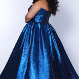 Tease Prom for Sydney's Closet style TE2539 available in ruby red or sapphire blue. Plus size ballgown with strapless sweetheart bodice, exposed boning, basque waist and full A-line skirt with pockets.