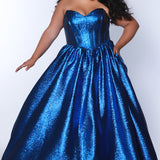 Tease Prom for Sydney's Closet style TE2539 available in ruby red or sapphire blue. Plus size ballgown with strapless sweetheart bodice, exposed boning, basque waist and full A-line skirt with pockets.