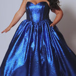 Tease Prom for Sydney's Closet style TE2539 available in ruby red or sapphire blue. Plus size ballgown with strapless sweetheart bodice, exposed boning, basque waist and full A-line skirt with pockets.