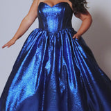 Tease Prom for Sydney's Closet style TE2539 available in ruby red or sapphire blue. Plus size ballgown with strapless sweetheart bodice, exposed boning, basque waist and full A-line skirt with pockets.