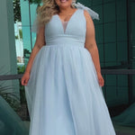 Plus Size princess A-line prom dress with bra-friendly straps, pleated bodice, pleated waistband and full A-line skirt with train. Detachable bows on shoulder. SC7417 in ice blue, mauve or sage green from Sydney's Closet.