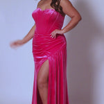 Sydney’s Closet SC7342 hot pink Barbie pink. Slim/Fitted silhouette, strapless with optional spaghetti straps. Modified Basque waist,  exposed corset boning on bodice and a ruched waist. Stretch velvet, with high slit and sweep train.