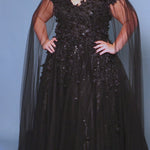 Sydney's Closet SC5315 Black. Detachable tulle scarves, Detachable spaghetti straps, Ball gown silhouette, Off-the-shoulder strap with elastic band, Detachable tulle scarves, Sweetheart neckline, Full ball gown skirt, Long invisible center back zipper, Chiffon 3D flowers on glitter net over sparkle tulle.