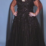 Sydney's Closet SC5315 Black. Detachable tulle scarves, Detachable spaghetti straps, Ball gown silhouette, Off-the-shoulder strap with elastic band, Detachable tulle scarves, Sweetheart neckline, Full ball gown skirt, Long invisible center back zipper, Chiffon 3D flowers on glitter net over sparkle tulle.