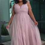 Plus Size princess A-line prom dress with bra-friendly straps, pleated bodice, pleated waistband and full A-line skirt with train. Detachable bows on shoulder. SC7417 in ice blue, mauve or sage green from Sydney's Closet.