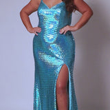 Tease Prom TE2444 Turquoise. Fitted silhouette, Iridescent piano sequins, Spaghetti straps, V-neckline, V-back, Long invisible center back zipper, Natural waistline, Fitted skirt with slit, Sweep train.