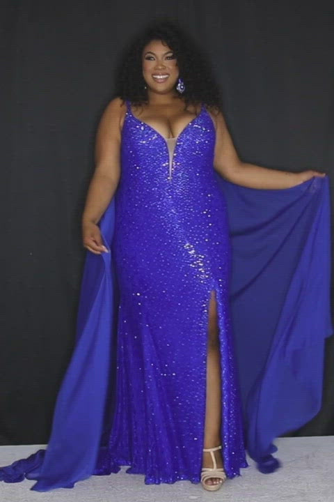 JK2201 Johnathna Kayne for Sydney's Closet plus size pageant gown with cape in blue, white, black