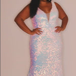JK2109 Aurora Pageant Gown Johnathan Kayne for Sydney's Closet plus size pageant mermaid dress with zipper back with detachable scarves multi-color sequins available in Lava black and Pearlescent white