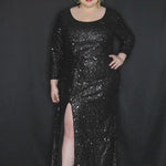 Sydney's Prom by Sydney's Closet fitted silhouette with scoop neckline long sleeves with zipper back and sequin fabric available in pearlescent, ruby, onyx and sapphire SC7320