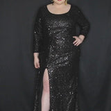 Sydney's Prom by Sydney's Closet fitted silhouette with scoop neckline long sleeves with zipper back and sequin fabric available in pearlescent, ruby, onyx and sapphire SC7320