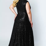 CE1801 in navy, black or rose gold is a floor length sequin gown with bra-friendly straps and a V-neckline. Sydney's Closet plus size sequin dress
