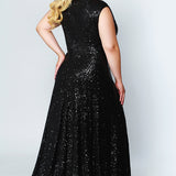 CE1801 in navy, black or rose gold is a floor length sequin gown with bra-friendly straps and a V-neckline. Sydney's Closet plus size sequin dress