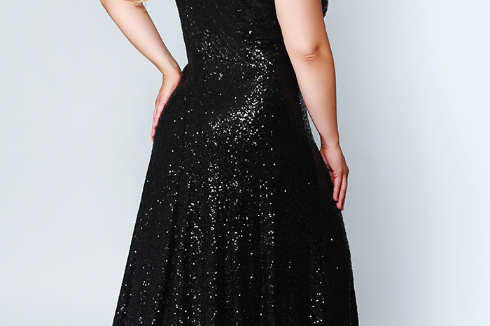 CE1801 in navy, black or rose gold is a floor length sequin gown with bra-friendly straps and a V-neckline. Sydney's Closet plus size sequin dress