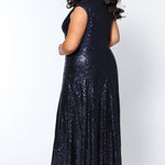 CE1801 in navy, black or rose gold is a floor length sequin gown with bra-friendly straps and a V-neckline. Sydney's Closet plus size sequin dress