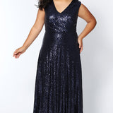 CE1801 in navy, black or rose gold is a floor length sequin gown with bra-friendly straps and a V-neckline. Sydney's Closet plus size sequin dress