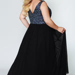 CE1813  has a V-neckline with illusion mesh net is heavily beaded and sequined on front and back. The dress is fully lined, with an A-line chiffon skirt. It's sleeveless, with bra-friendly straps