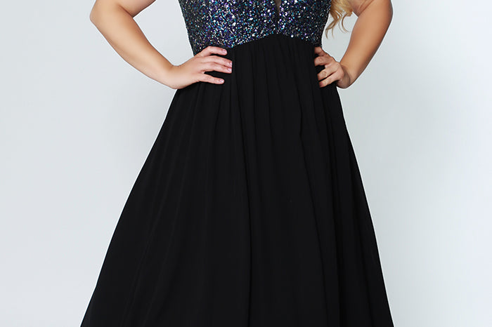 CE1813  has a V-neckline with illusion mesh net is heavily beaded and sequined on front and back. The dress is fully lined, with an A-line chiffon skirt. It's sleeveless, with bra-friendly straps