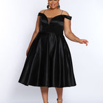 CE2011 plus size little black dress by Sydney's Closet sizes 14-32 all satin, pockets, off-the-shoulder straps, perfect for holiday parties, homecoming, new years and bridesmaid