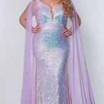 JK2109 Aurora Pageant Gown Johnathan Kayne for Sydney's Closet plus size pageant mermaid dress with zipper back with detachable scarves multi-color sequins available in Lava black Pearlescent white and Lilac