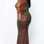 JK2109 Aurora Pageant Gown Johnathan Kayne for Sydney's Closet plus size pageant mermaid dress with zipper back with detachable scarves multi-color sequins available in Lava black Pearlescent white and Lilac