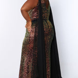 JK2109 Aurora Pageant Gown Johnathan Kayne for Sydney's Closet plus size pageant mermaid dress with zipper back with detachable scarves multi-color sequins available in Lava black Pearlescent white and Lilac