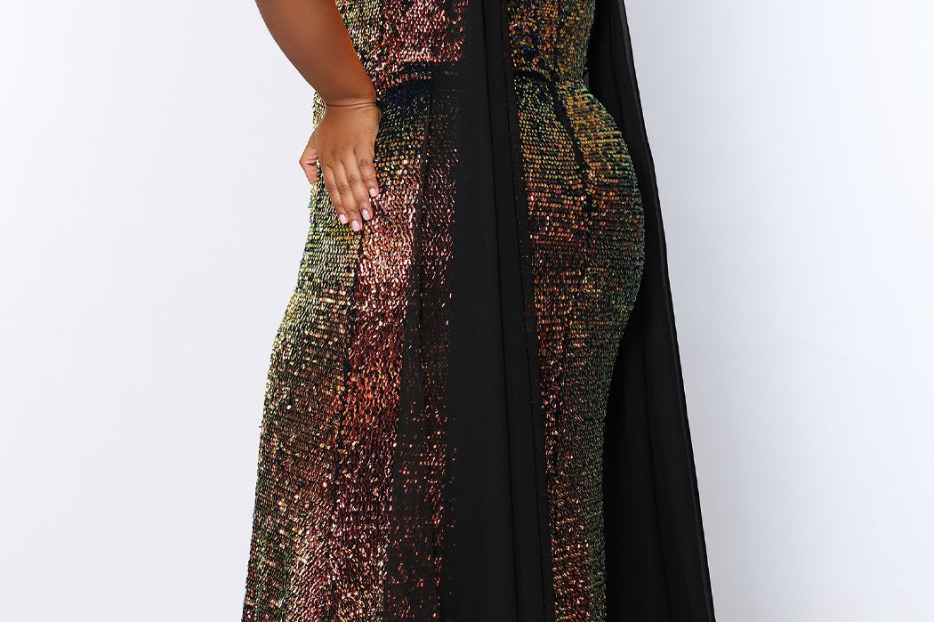 JK2109 Aurora Pageant Gown Johnathan Kayne for Sydney's Closet plus size pageant mermaid dress with zipper back with detachable scarves multi-color sequins available in Lava black Pearlescent white and Lilac