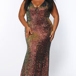 JK2109 Aurora Pageant Gown Johnathan Kayne for Sydney's Closet plus size pageant mermaid dress with zipper back with detachable scarves multi-color sequins available in Lava black Pearlescent white and Lilac