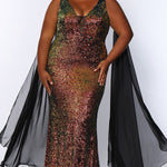 JK2109 Aurora Pageant Gown Johnathan Kayne for Sydney's Closet plus size pageant mermaid dress with zipper back with detachable scarves multi-color sequins available in Lava black Pearlescent white and Lilac