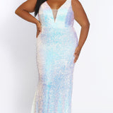 JK2109 Aurora Pageant Gown Johnathan Kayne for Sydney's Closet plus size pageant mermaid dress with zipper back with detachable scarves multi-color sequins available in Lava black Pearlescent white and Lilac