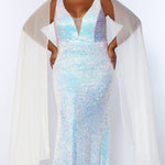 JK2109 Aurora Pageant Gown Johnathan Kayne for Sydney's Closet plus size pageant mermaid dress with zipper back with detachable scarves multi-color sequins available in Lava black Pearlescent white and Lilac