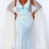 JK2109 Aurora Pageant Gown Johnathan Kayne for Sydney's Closet plus size pageant mermaid dress with zipper back with detachable scarves multi-color sequins available in Lava black Pearlescent white and Lilac