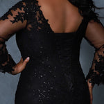 Michelle Bridal MB2202 Up Close Back View Plus Size black mermaid wedding dress with lace details on bodice and sleeves and a bra friendly lace up corset back.
