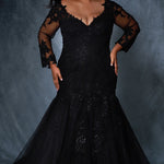 Michelle Bridal MB2202 Plus Size Black mermaid wedding dress with lace details on body, sleeves, and tulle skirt.