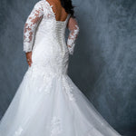 Michelle Bridal MB2202 Back View Plus Size ivory mermaid wedding dress with lace details on body, sleeves, and tulle skirt and a bra friendly lace up corset back,