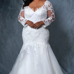 Michelle Bridal MB2202 Plus Size ivory mermaid wedding dress with lace details on body, sleeves, and tulle skirt.