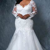 Michelle Bridal MB2202 Plus Size ivory mermaid wedding dress with lace details on body, sleeves, and tulle skirt.