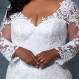 Michelle Bridal MB2202 Up close shot of bodice Plus Size ivory v-neck mermaid wedding dress with lace details on body and sleeves