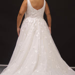 Michelle Bridal MB2308 Ivory. Soft bridal tulle, 3D floral lace appliques, A-line silhouette, Scoop neckline, Detachable pouf sleeve with lace and zipper on cuff included, Scoop back, Long invisible center back zipper, Full A-line skirt with 3D lace appliques on front and back.
