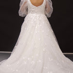 Michelle Bridal MB2308 Ivory. Soft bridal tulle, 3D floral lace appliques, A-line silhouette, Scoop neckline, Detachable pouf sleeve with lace and zipper on cuff included, Scoop back, Long invisible center back zipper, Full A-line skirt with 3D lace appliques on front and back.