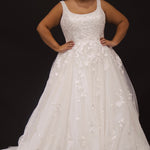Michelle Bridal MB2308 Ivory. Soft bridal tulle, 3D floral lace appliques, A-line silhouette, Scoop neckline, Detachable pouf sleeve with lace and zipper on cuff included, Scoop back, Long invisible center back zipper, Full A-line skirt with 3D lace appliques on front and back.