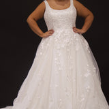 Michelle Bridal MB2308 Ivory. Soft bridal tulle, 3D floral lace appliques, A-line silhouette, Scoop neckline, Detachable pouf sleeve with lace and zipper on cuff included, Scoop back, Long invisible center back zipper, Full A-line skirt with 3D lace appliques on front and back.