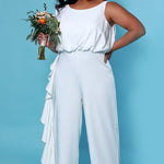 SC5244 Shania Jumpsuit by Sydney's Closet French Crepe fabric bra friendly sleeveless flounce on side of bodice and pant center back zipper available in Ivory