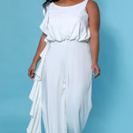 SC5244 Shania Jumpsuit by Sydney's Closet French Crepe fabric bra friendly sleeveless flounce on side of bodice and pant center back zipper available in Ivory