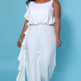 SC5244 Shania Jumpsuit by Sydney's Closet French Crepe fabric bra friendly sleeveless flounce on side of bodice and pant center back zipper available in Ivory
